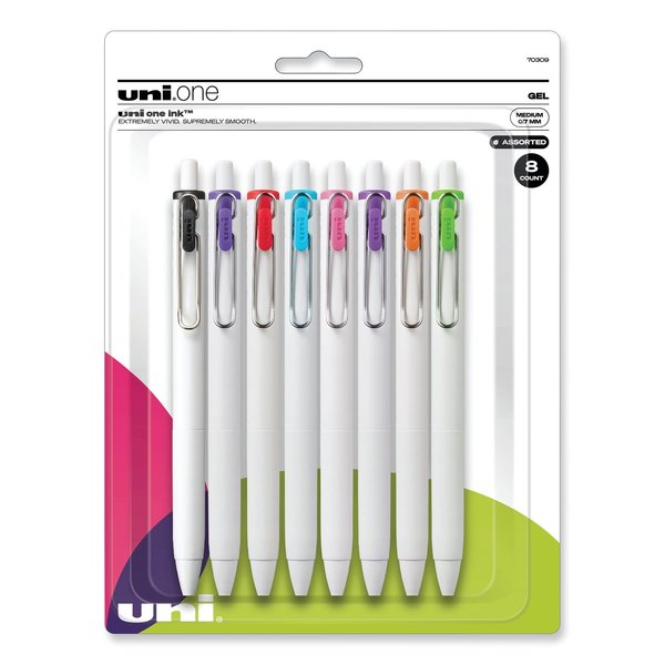 Uniball uniONE Gel Pen, Retractable, Medium 0.7 mm, Inspirational Ink-Color Assortment, White Barrel, 8PK 70309